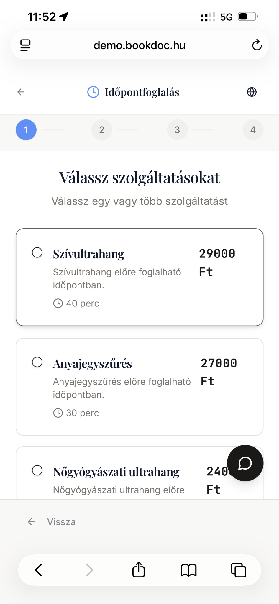 Szolgáltatás választása a Bookdoc demórendelő valódi mobilos foglalási oldalán