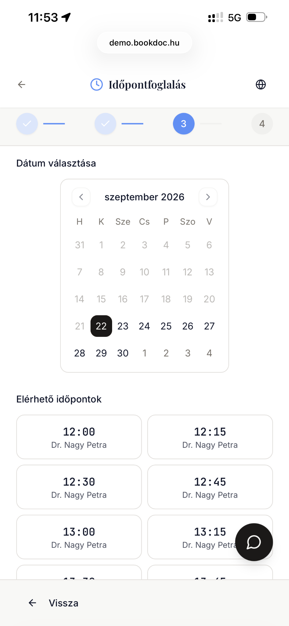 Dátum és időpont kiválasztása a Bookdoc demórendelő mobilos foglalási oldalán