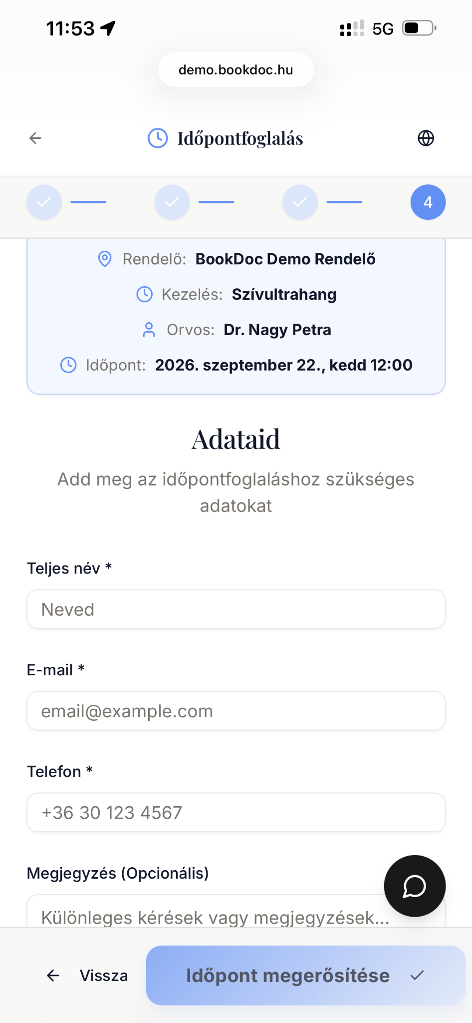 Foglalási adatok megadása a Bookdoc demórendelő mobilos foglalási oldalán
