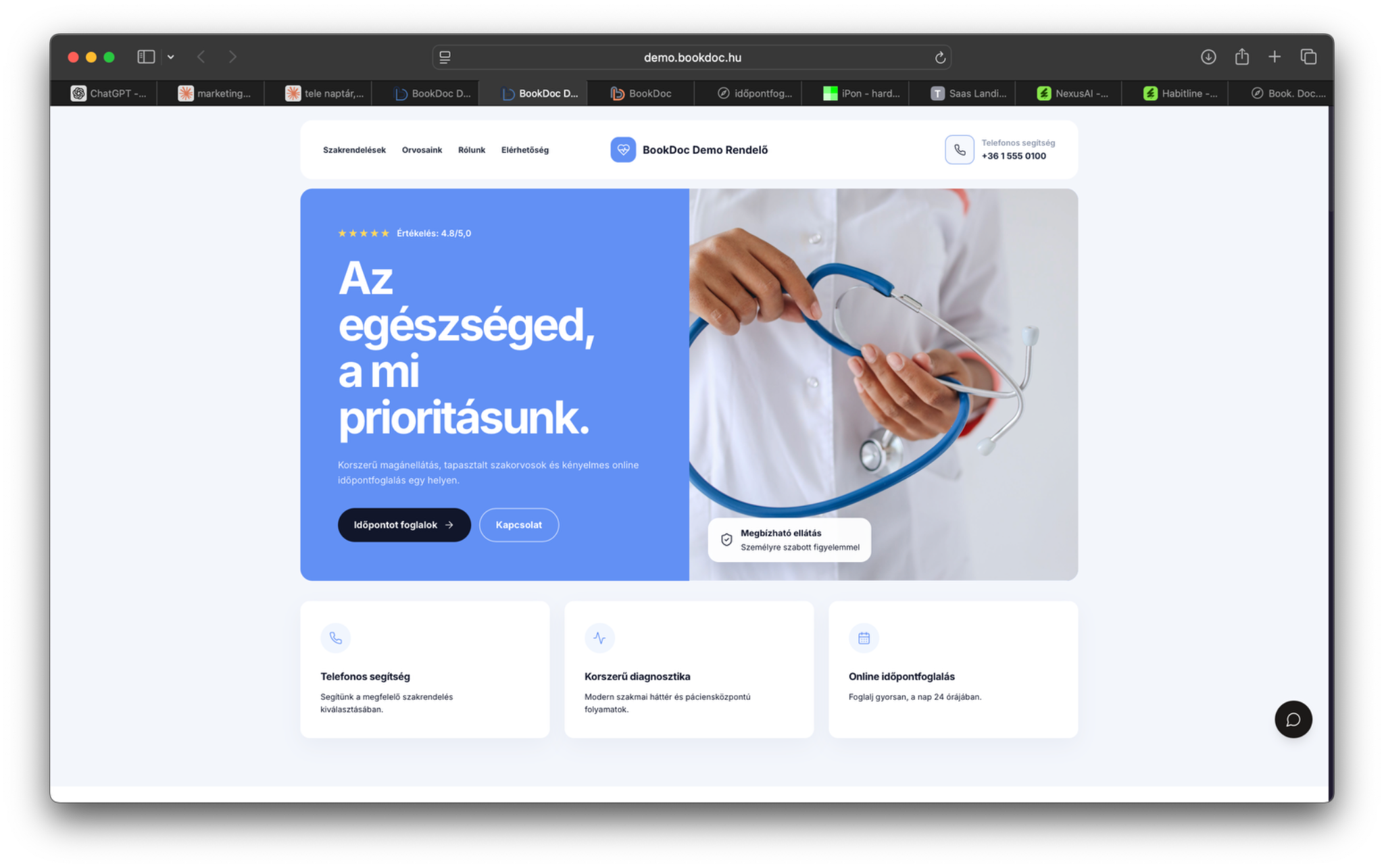 A Bookdoc demórendelő weboldala Clinic Calm színpalettával