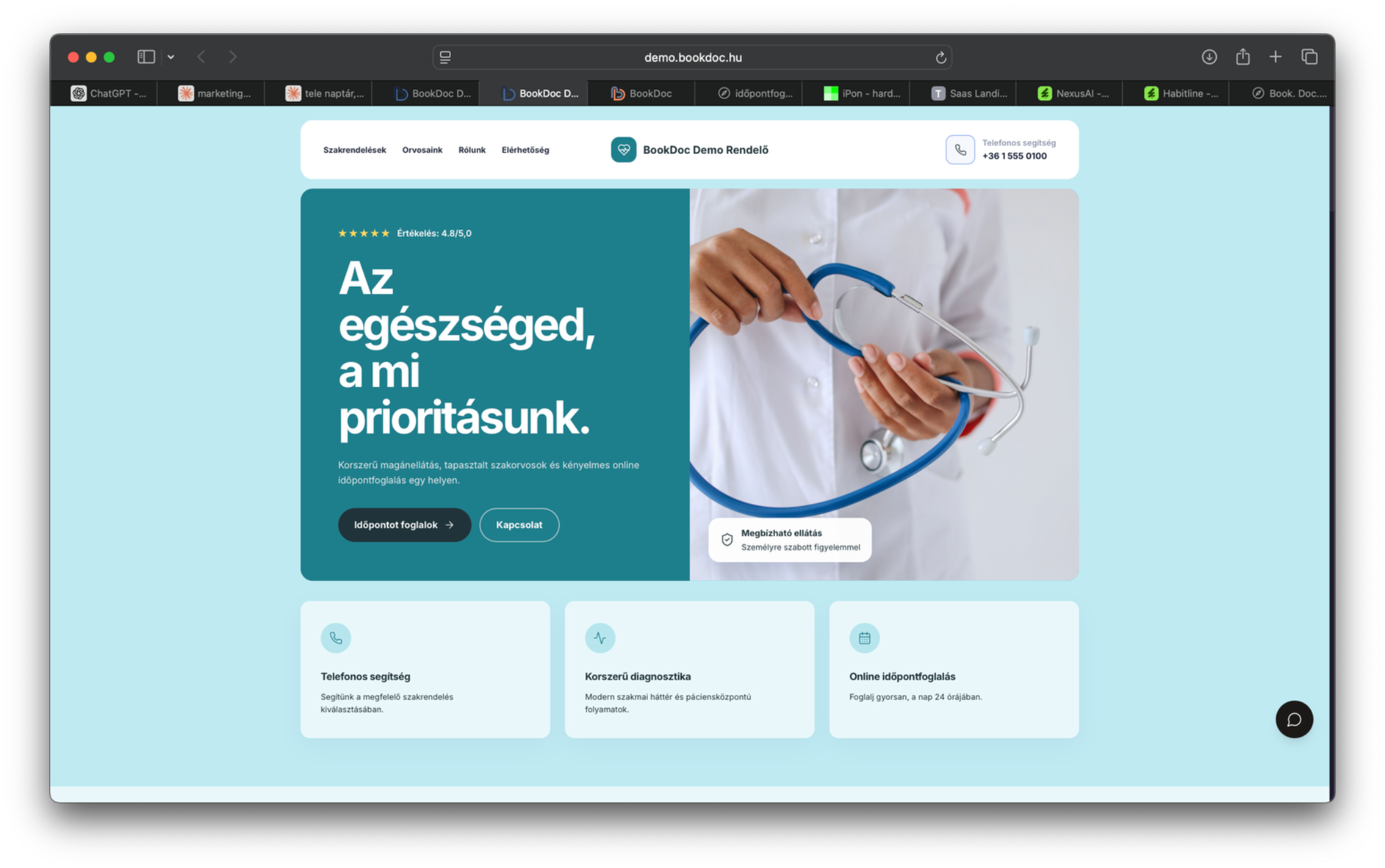 A Bookdoc demórendelő weboldala Sterile Aqua színpalettával