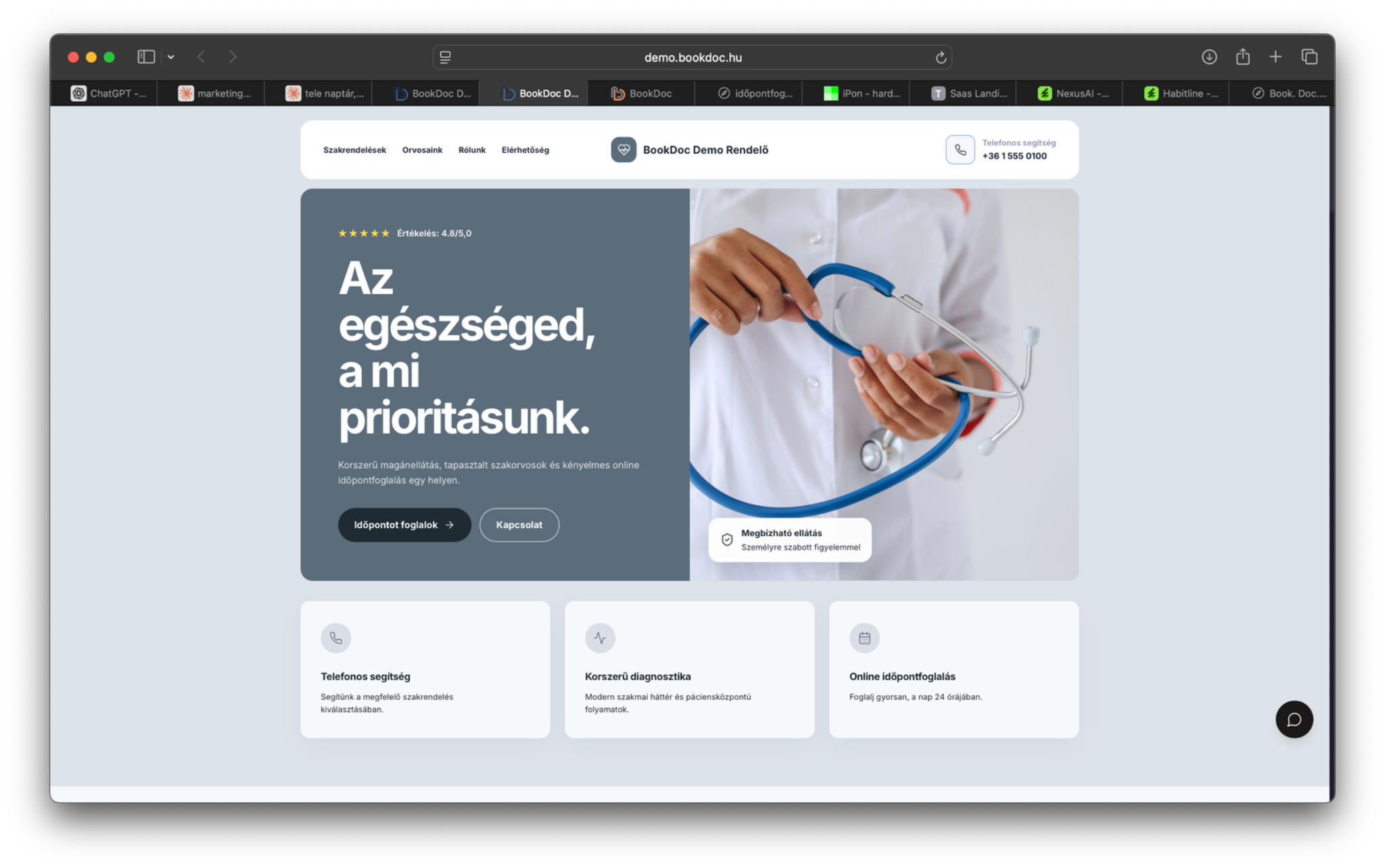 A Bookdoc demórendelő weboldala Surgical Steel színpalettával