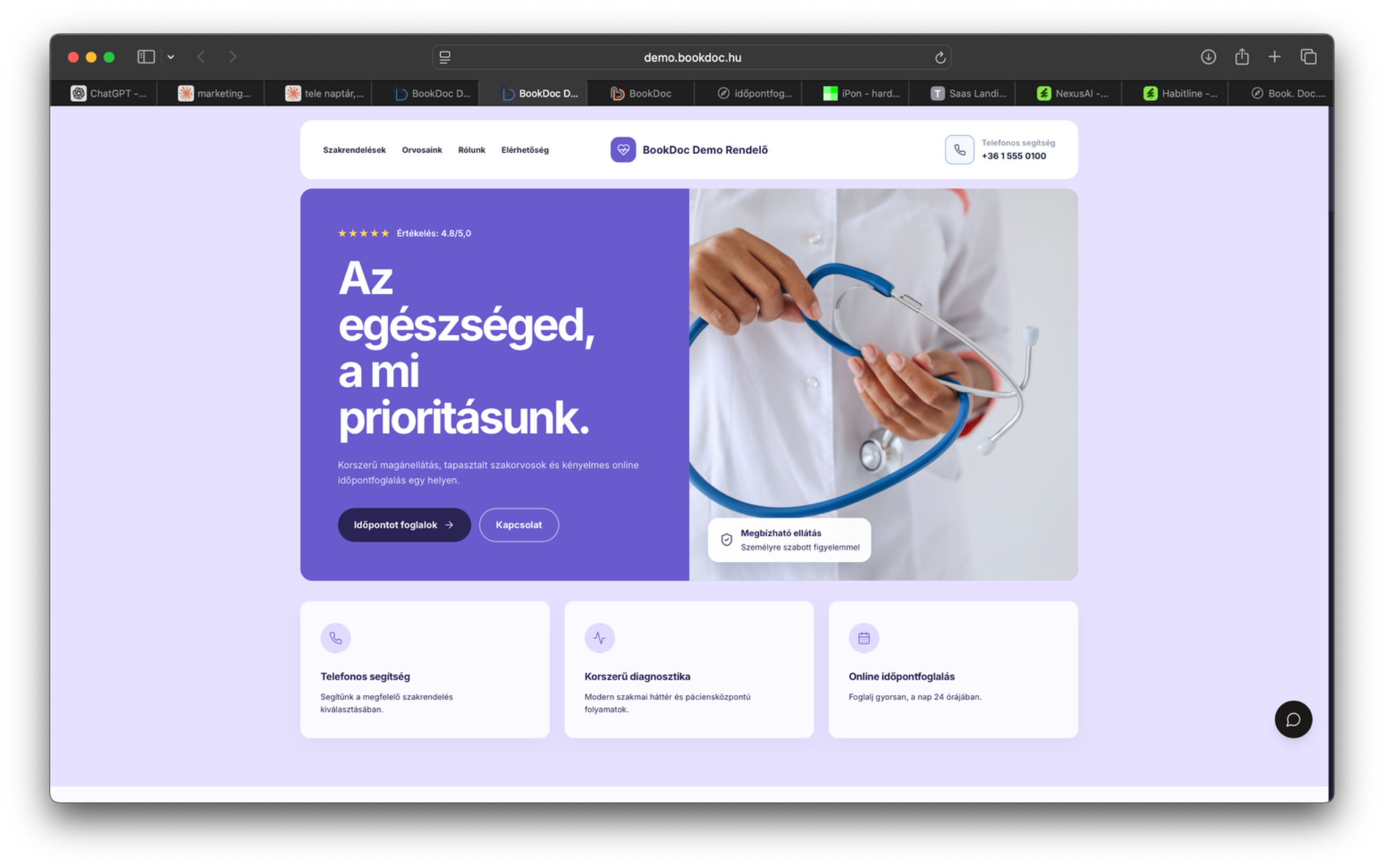 A Bookdoc demórendelő weboldala Lab Lavender színpalettával