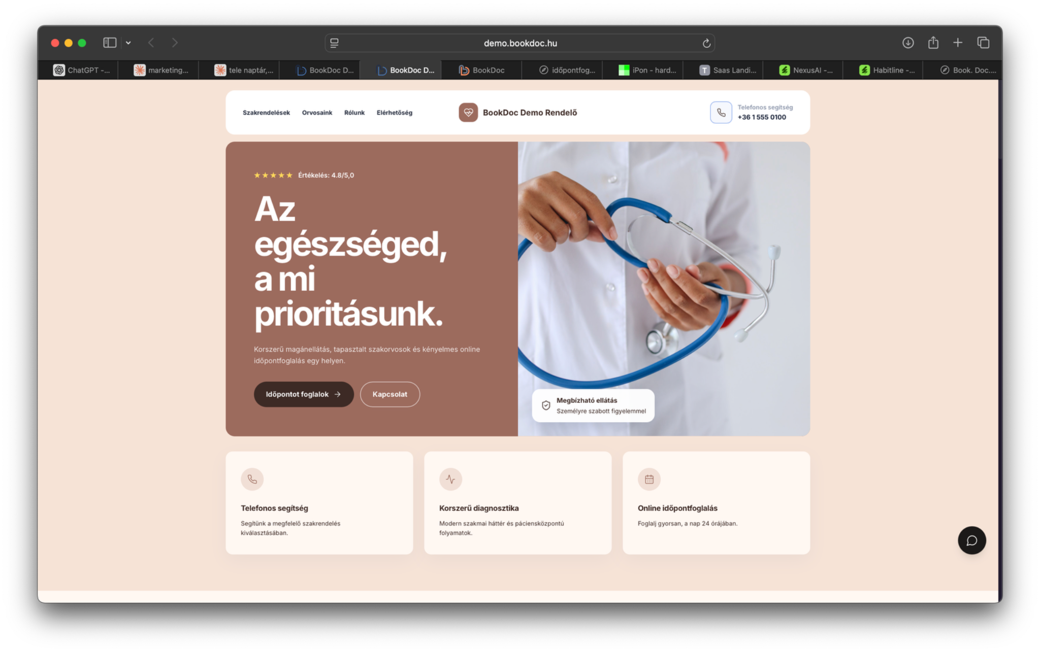 A Bookdoc demórendelő weboldala Soft Bandage színpalettával