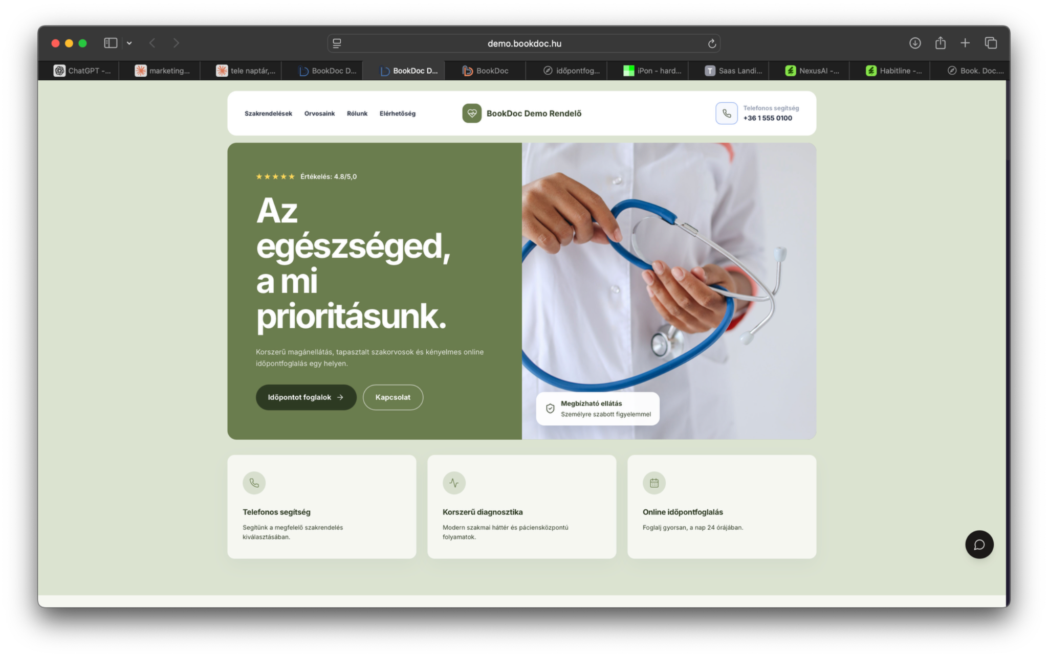 A Bookdoc demórendelő weboldala Rehab Earth színpalettával