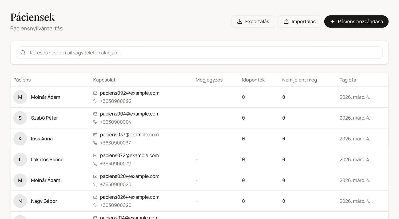 A BookDoc páciensnyilvántartásának bemutatóképe
